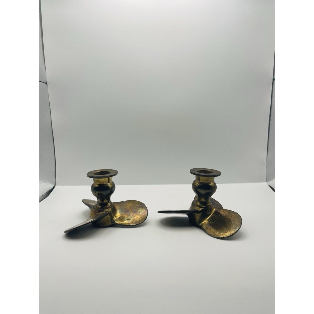 Pair Vintage Solid Brass Boat Propeller Candle Holders Nautical 2.5” Maritime